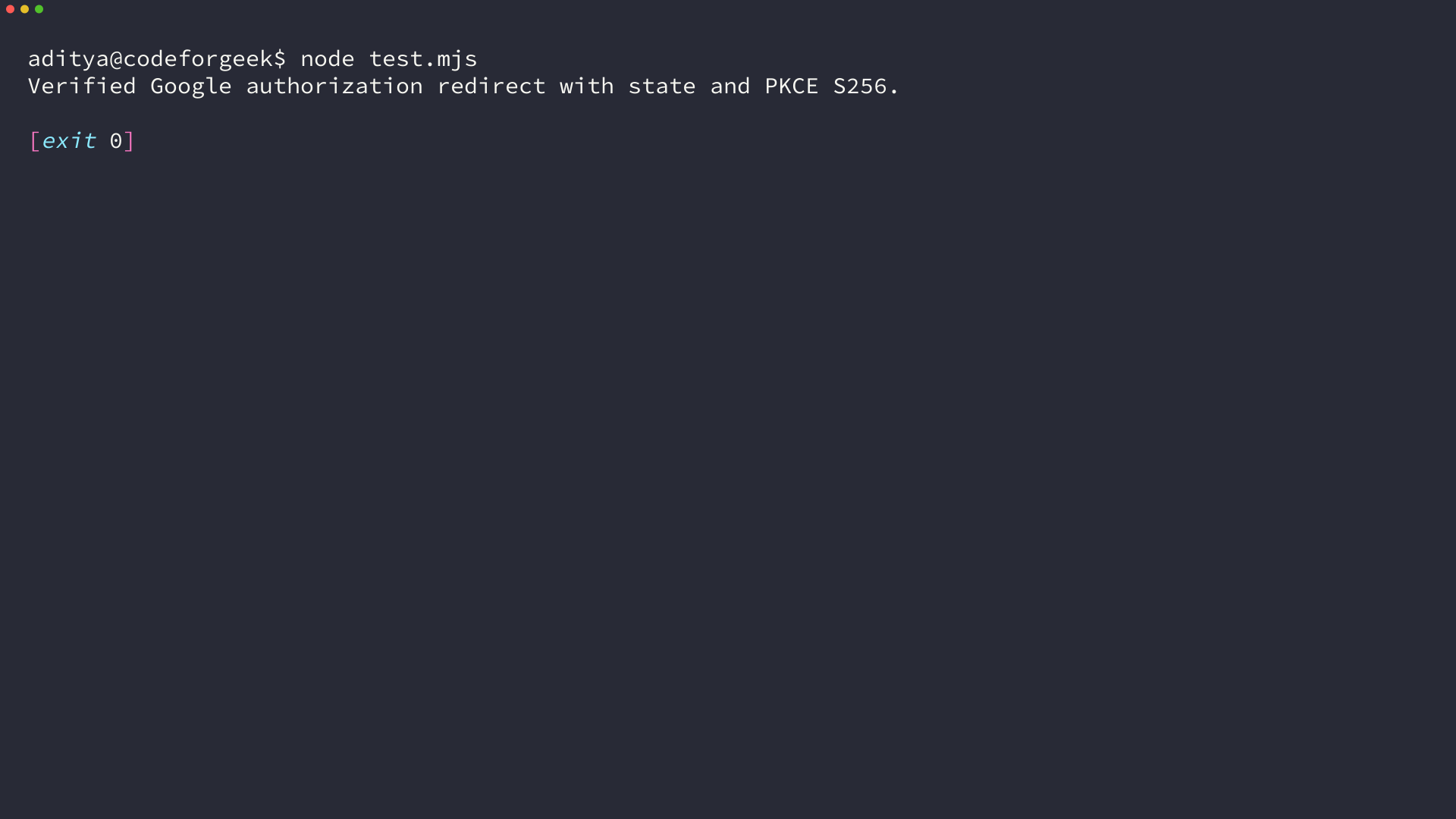 Terminal verification of a Google OAuth authorization redirect with state and PKCE