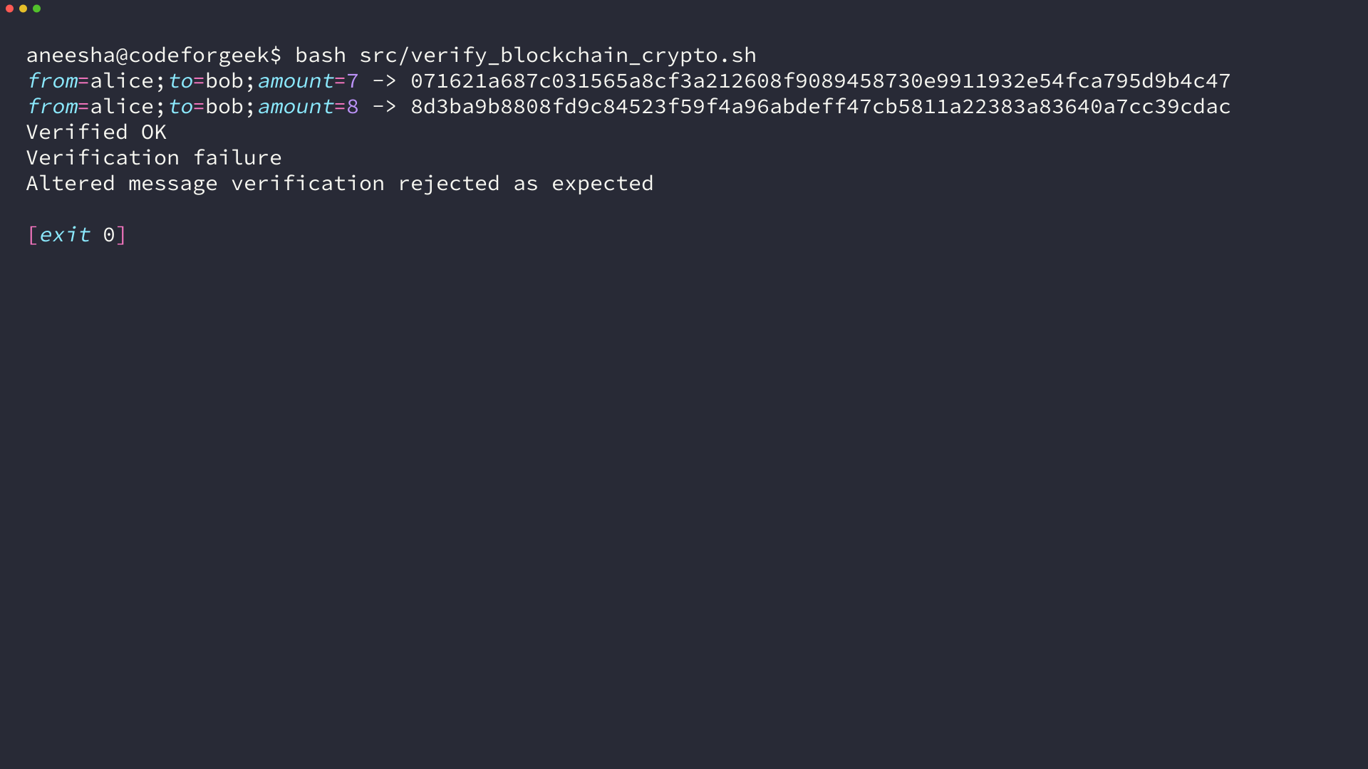 Terminal output showing SHA-256 digests and OpenSSL signature verification