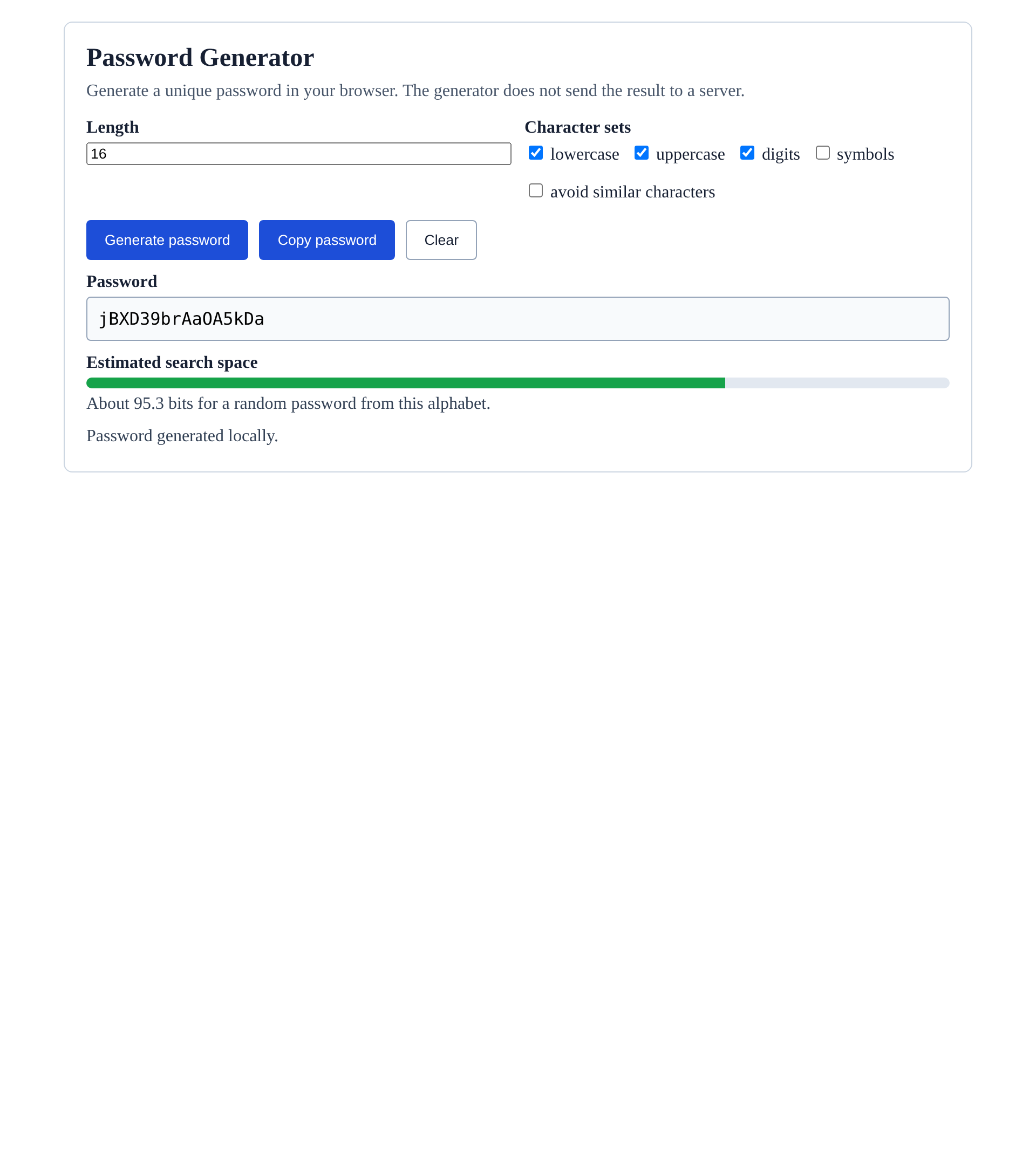 Password generator with a generated browser-local password and search-space estimate