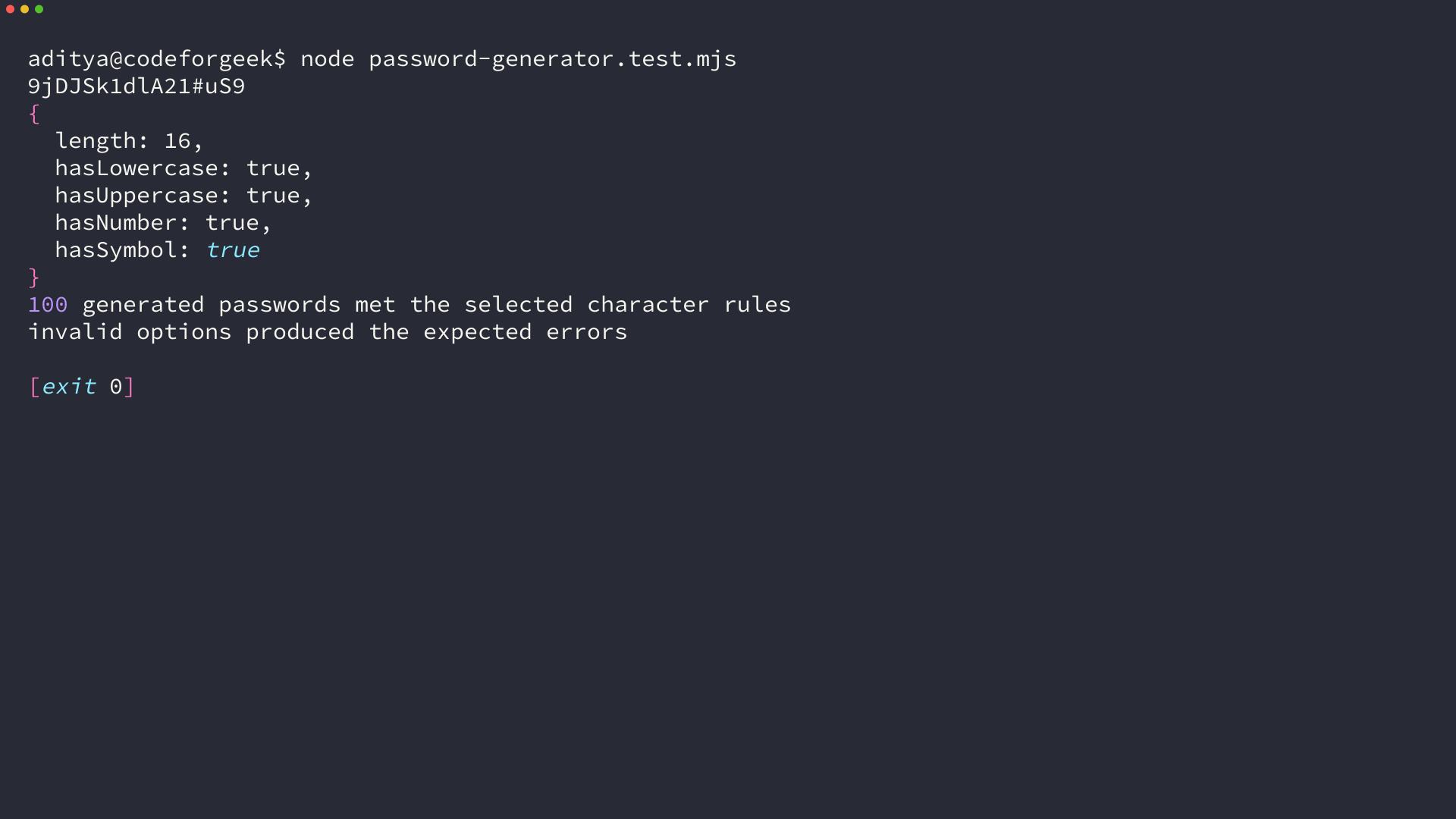 Terminal output showing Node.js password generator tests passing