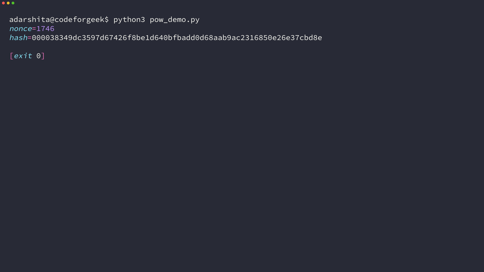 Terminal output from a Python proof-of-work hash search showing nonce 1746 and a hash beginning with four zeroes