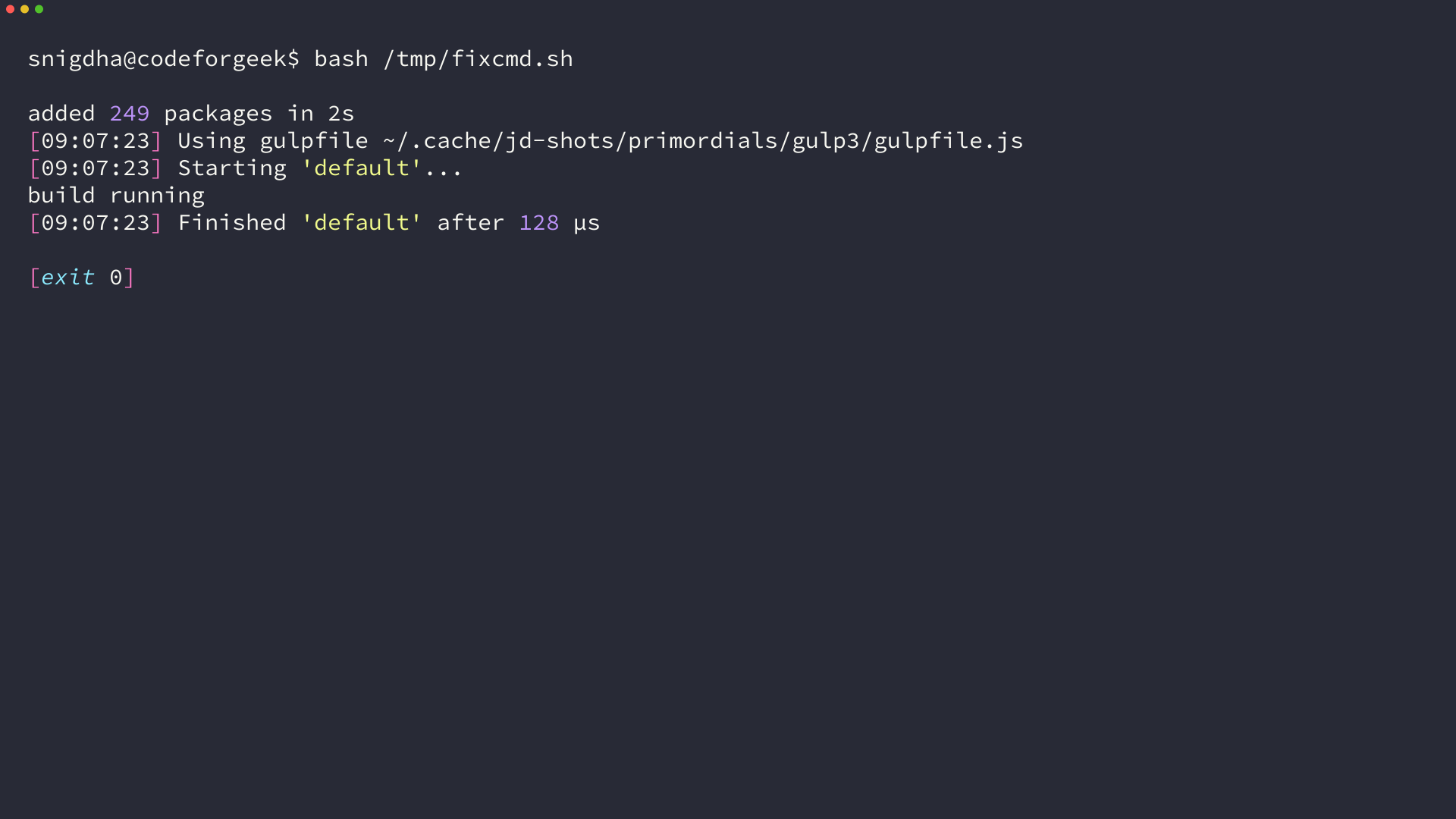 Terminal showing Gulp 3 default task completing successfully after pinning graceful-fs with npm overrides