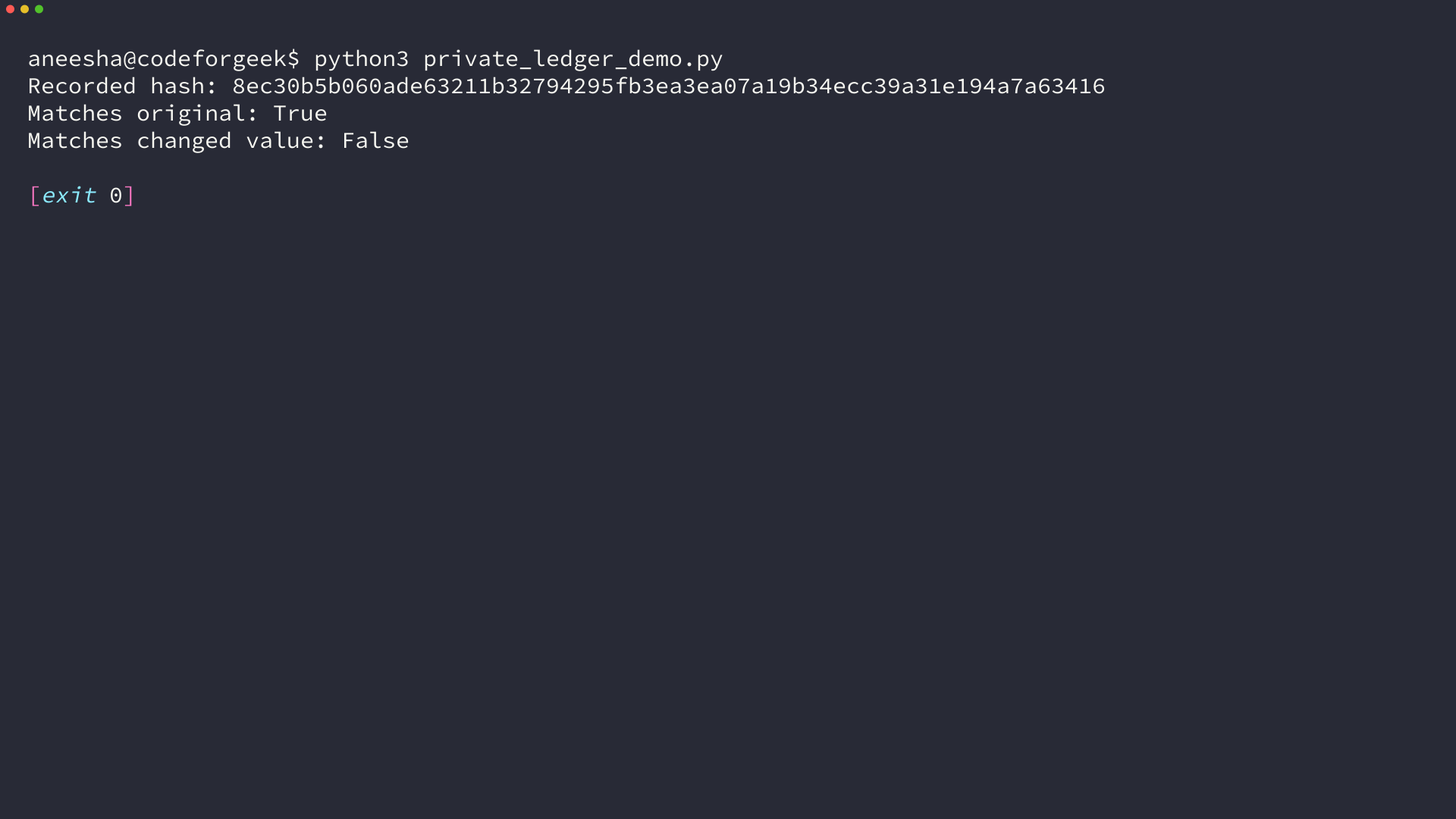Terminal output showing a SHA-256 hash comparison after a record value changes