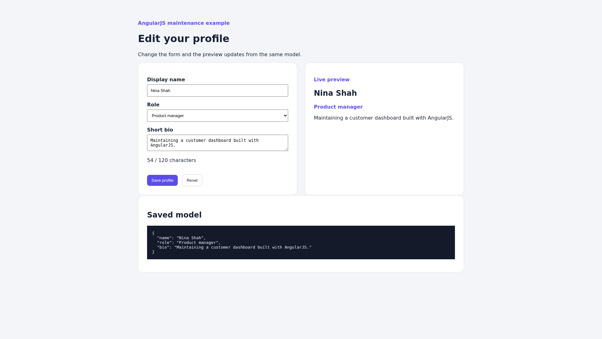 AngularJS profile editor showing a saved model after form updates