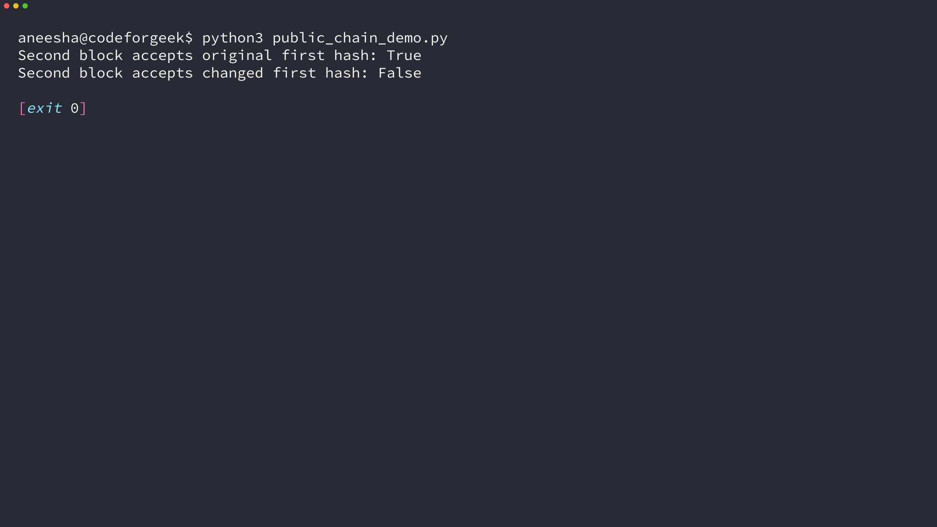 Terminal output showing a hash-linked second block rejects a changed first record