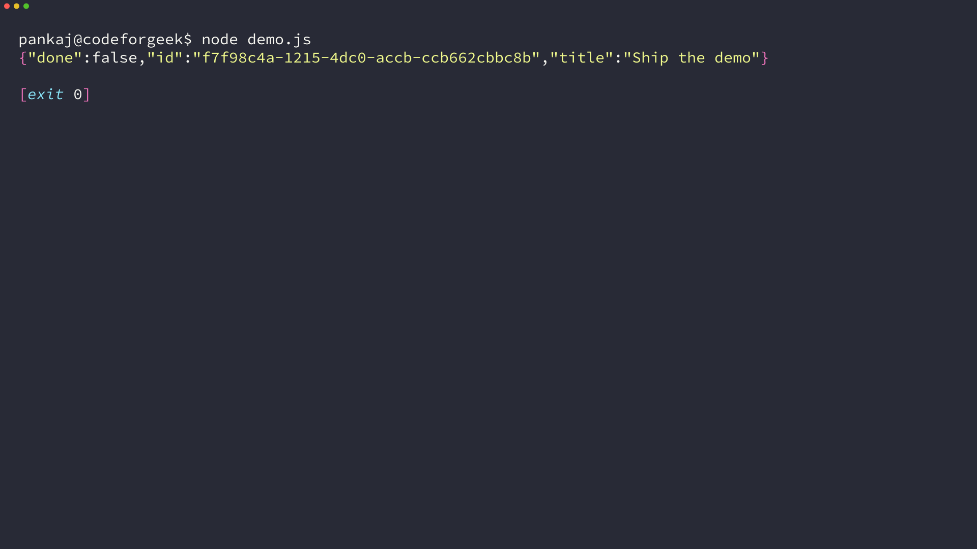Terminal output after a Node.js program stores and reads a RethinkDB document