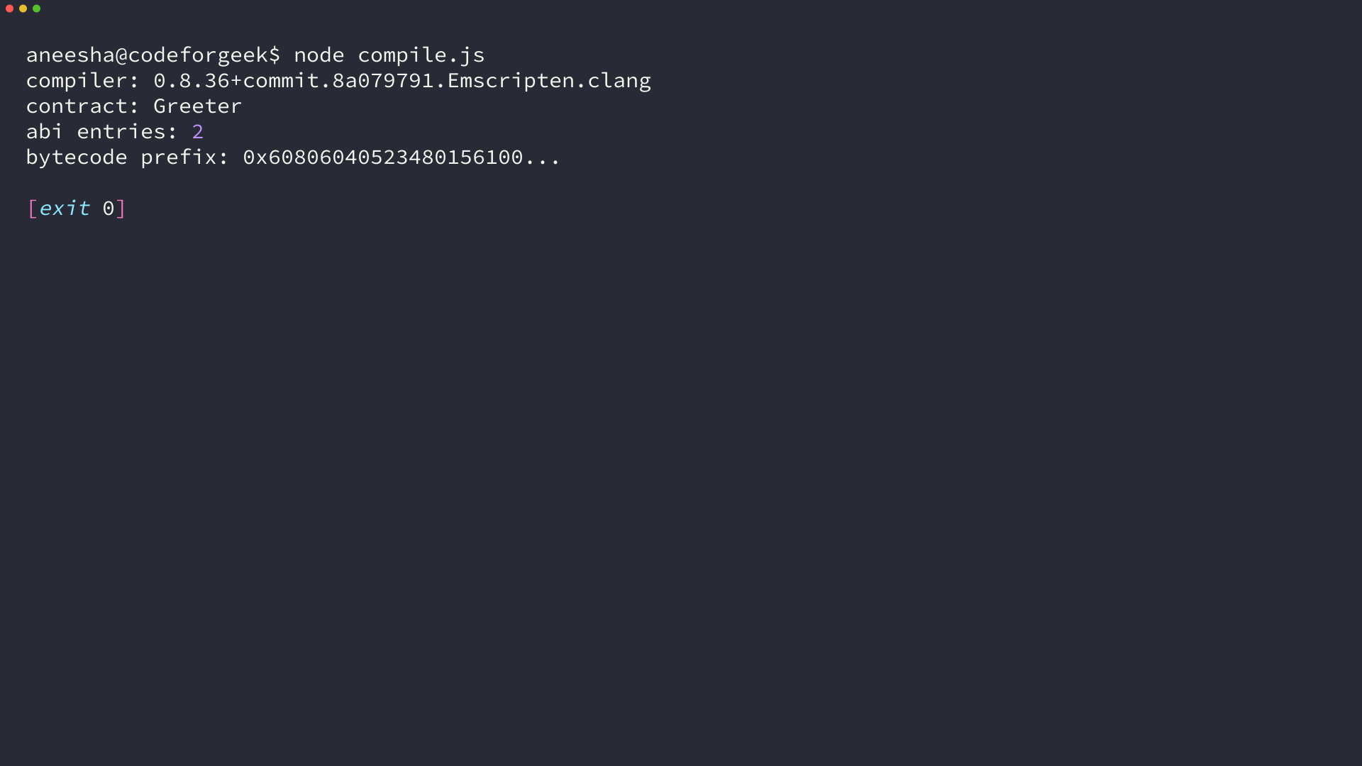 Terminal output from compiling the Greeter Solidity contract with solc in Node.js