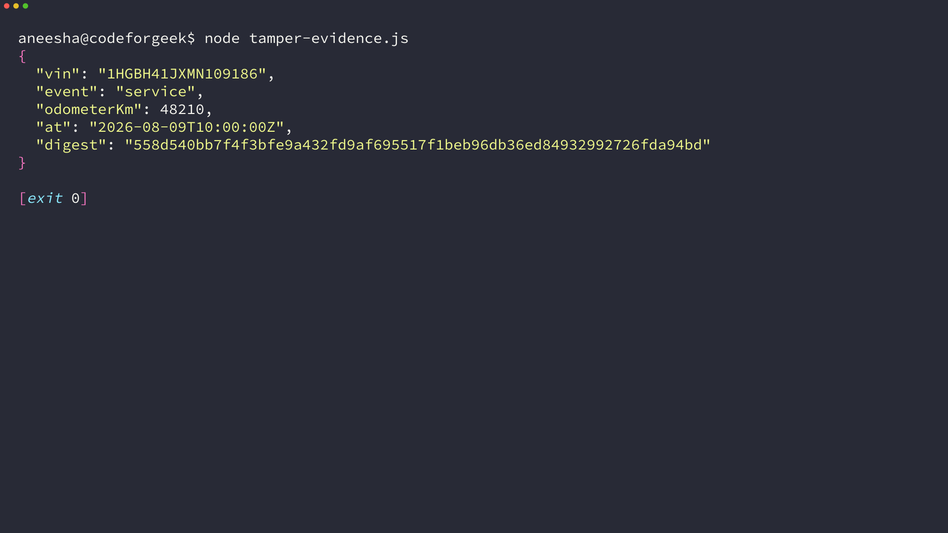 Node.js terminal output showing a SHA-256 digest for an automotive service event