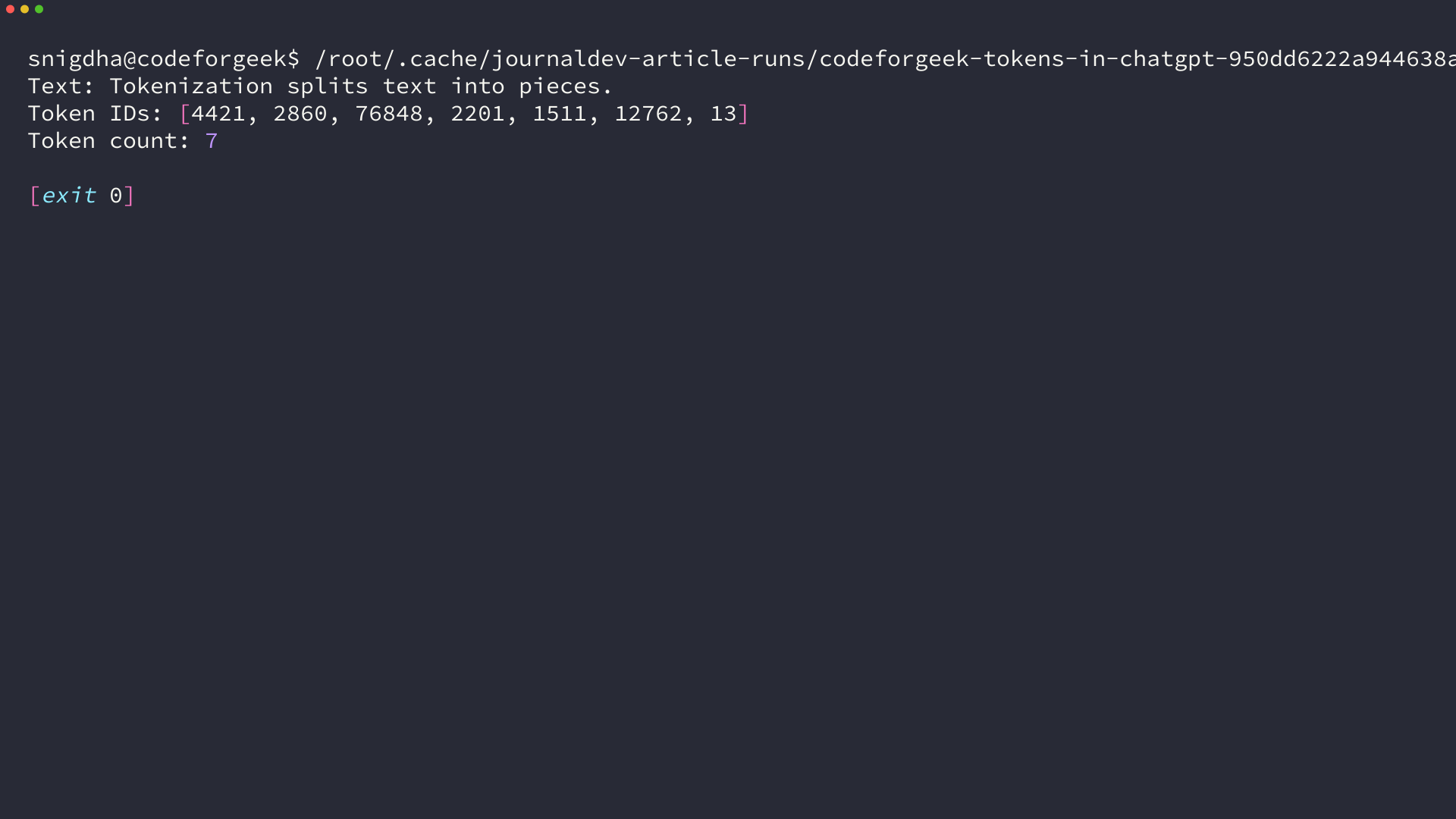 Terminal output showing a Python tiktoken count of seven tokens