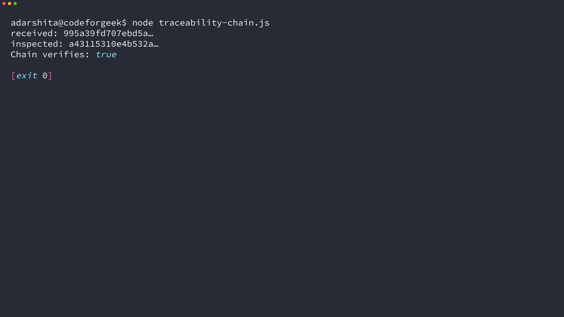 Terminal output verifying two linked supply-chain traceability events in Node.js