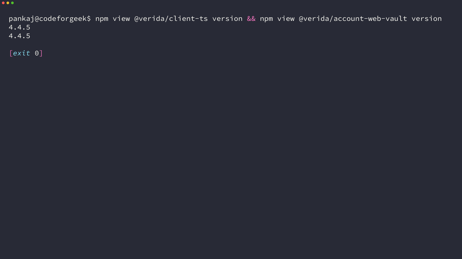 Terminal showing Verida client-ts and account-web-vault version 4.4.5 from npm