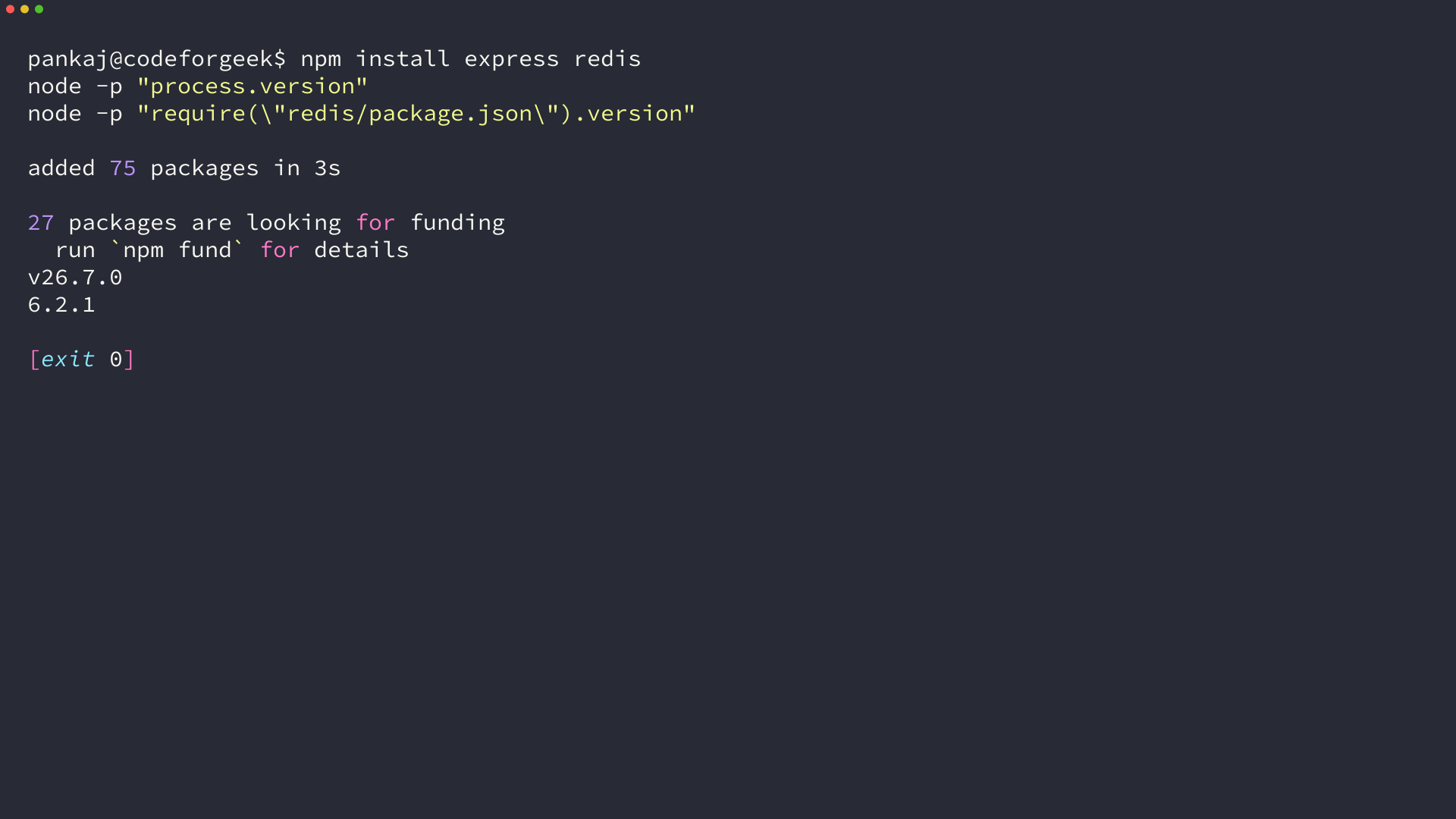 Terminal output of npm install express redis followed by node and redis package versions