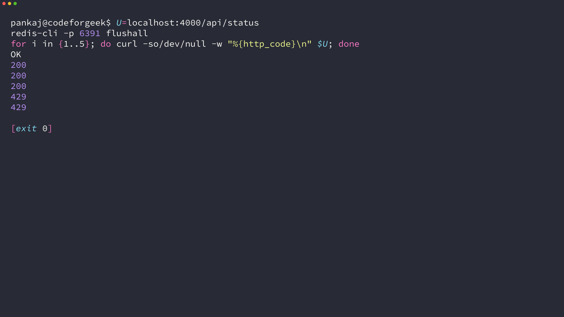 Five curl requests printing HTTP codes, three 200 responses followed by two 429 responses