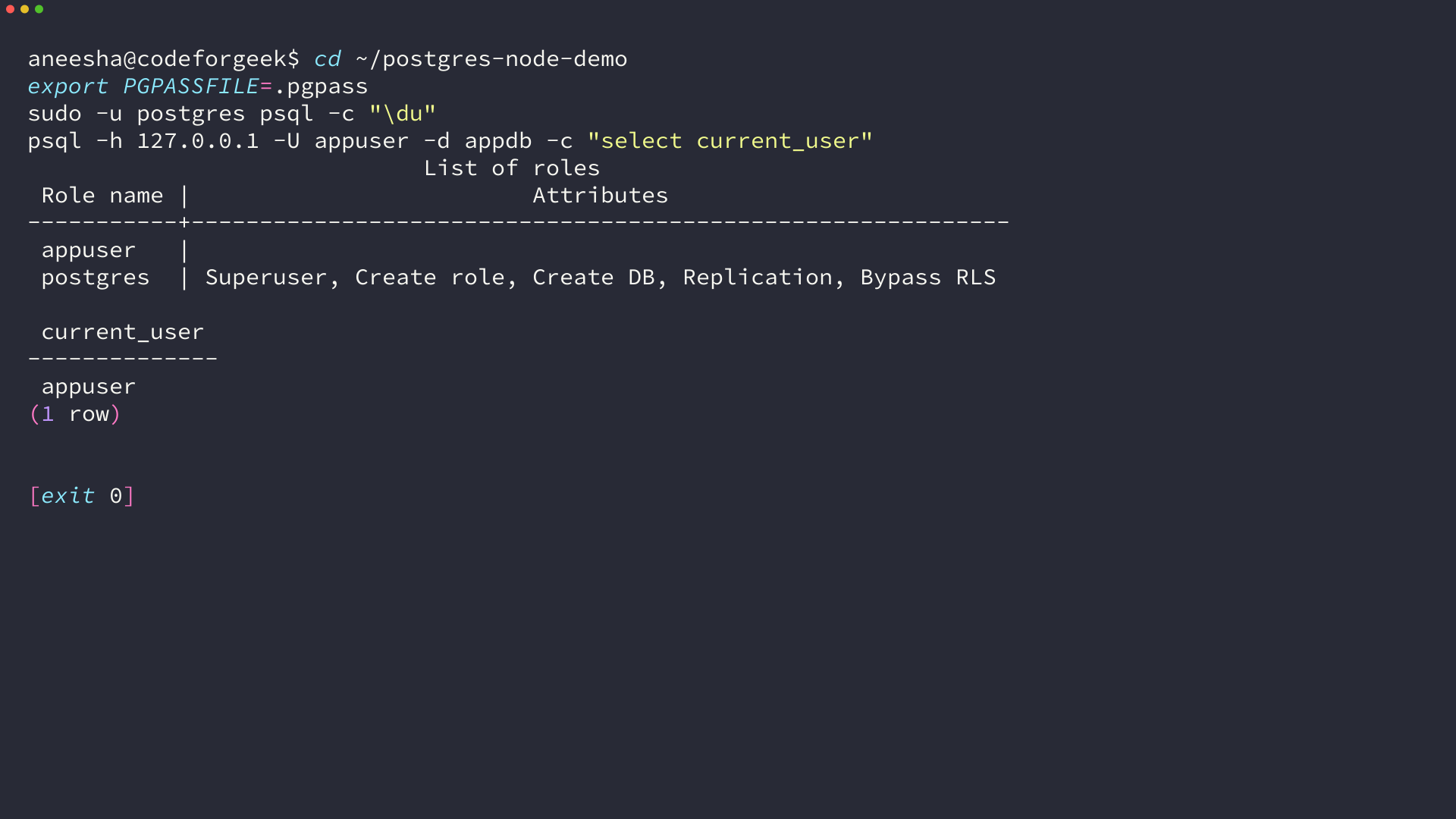 Terminal showing a PostgreSQL role listing with appuser present, then a psql TCP login returning appuser and appdb