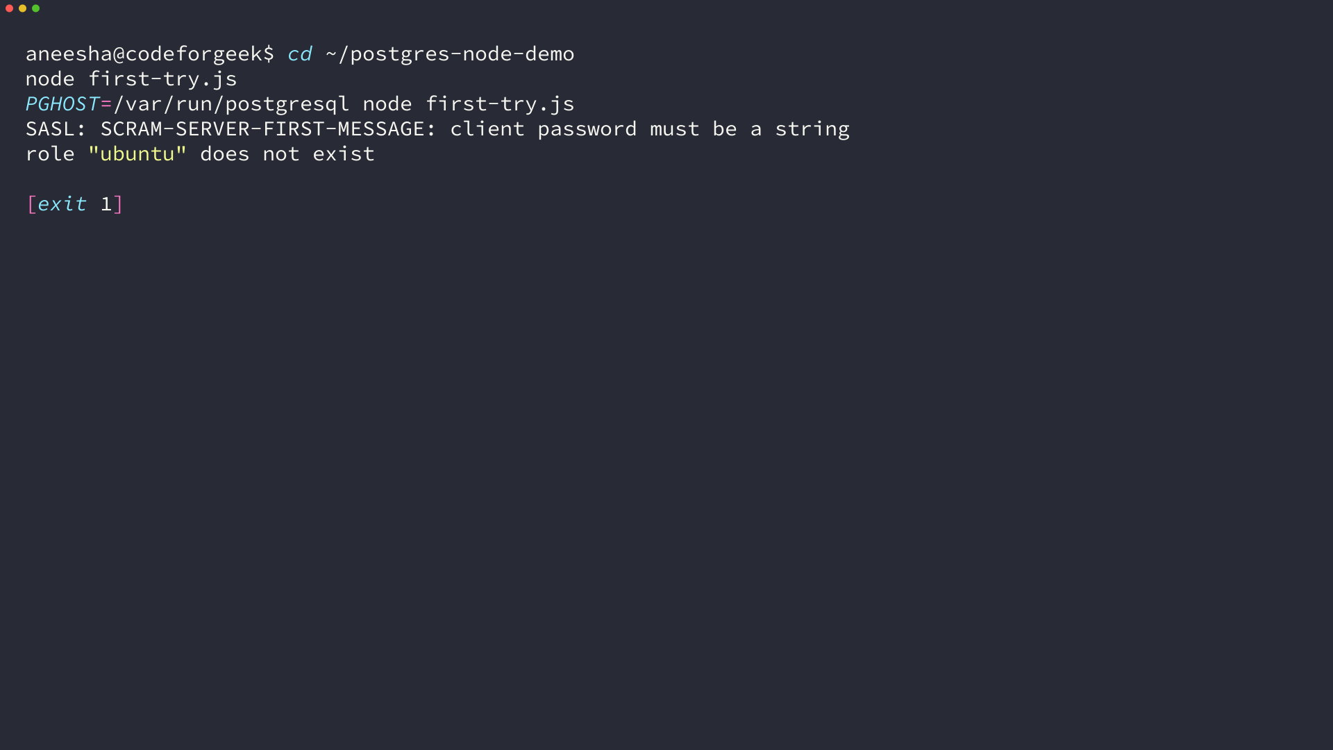 Terminal running the same Node.js PostgreSQL script twice, showing a SASL client password error over TCP and a missing role error over the Unix socket