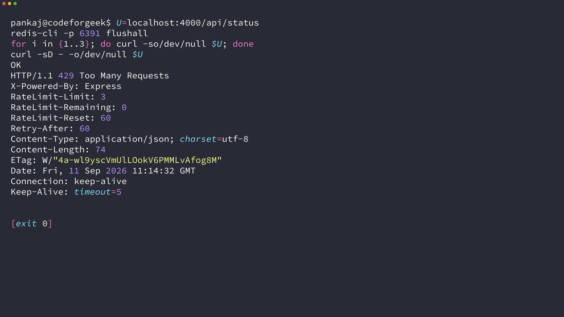 Response headers for a blocked request showing HTTP 429, RateLimit-Limit 3, RateLimit-Remaining 0, RateLimit-Reset 60 and Retry-After 60
