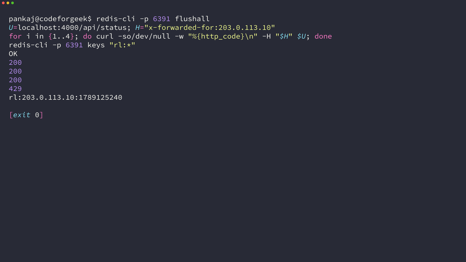 Terminal output showing four requests from one forwarded address with the fourth rejected, and the single Redis bucket key created