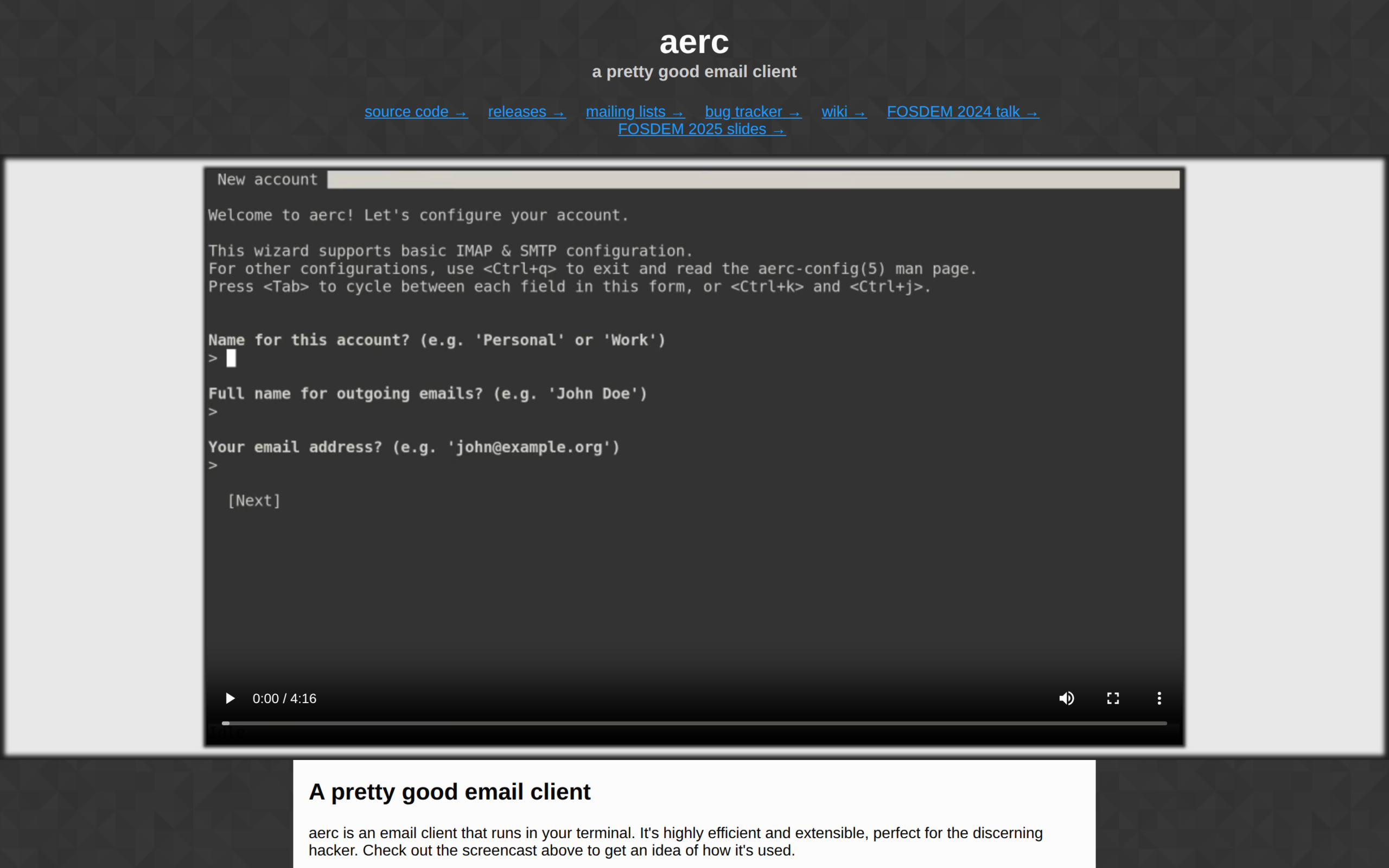 aerc project page screencast paused on terminal account setup wizard