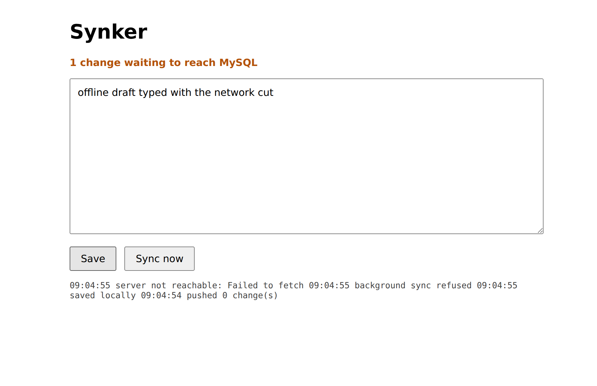 The Synker page offline, the status line reading one change waiting to reach MySQL
