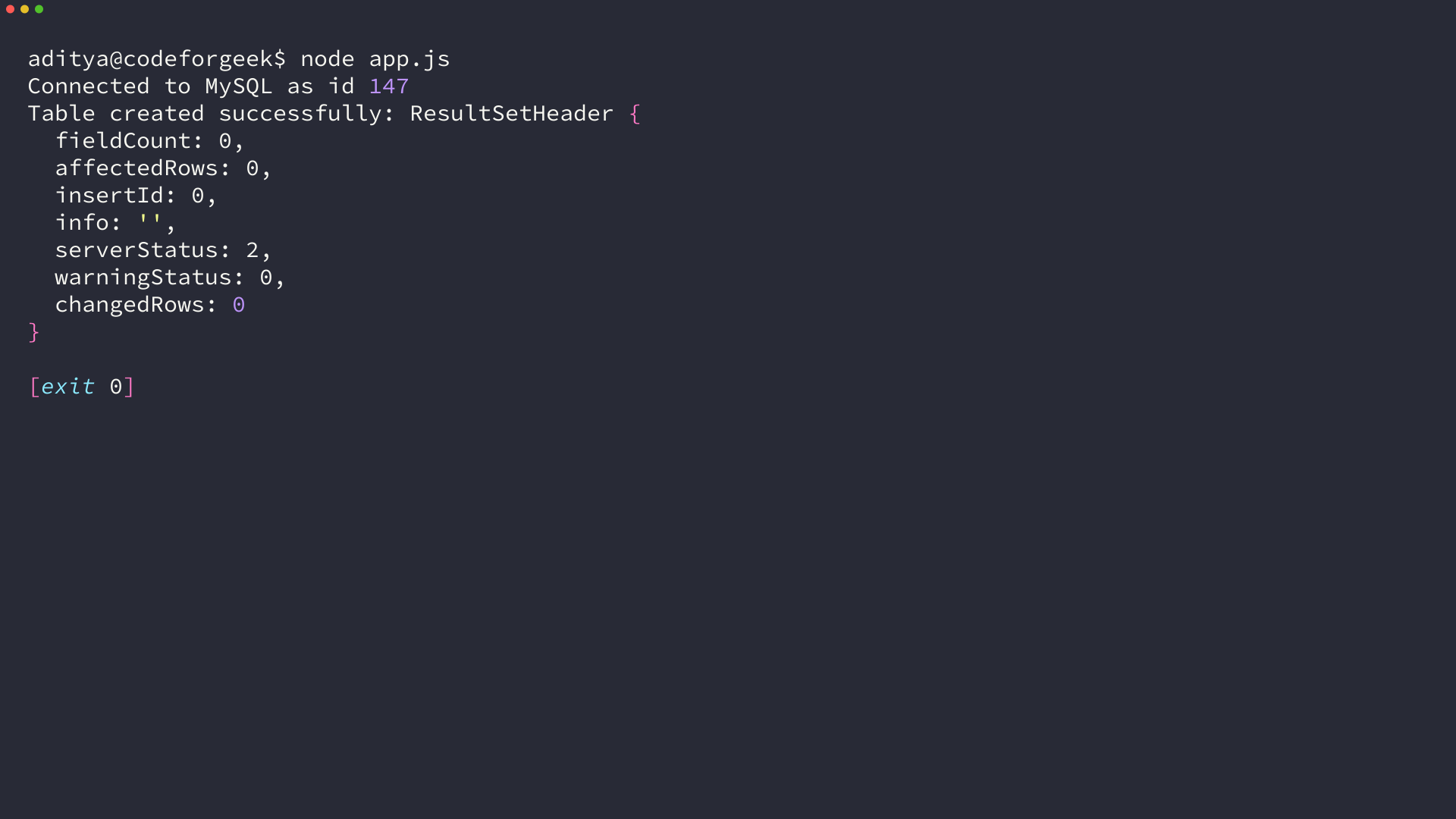 Terminal showing Connected to MySQL as id 140 and Table created successfully with ResultSetHeader