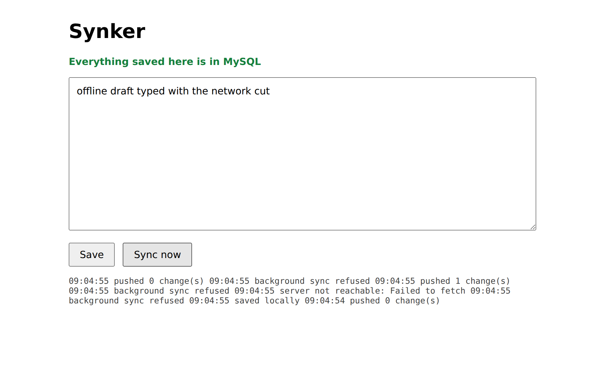 The Synker page after syncing, the status line reading everything saved here is in MySQL