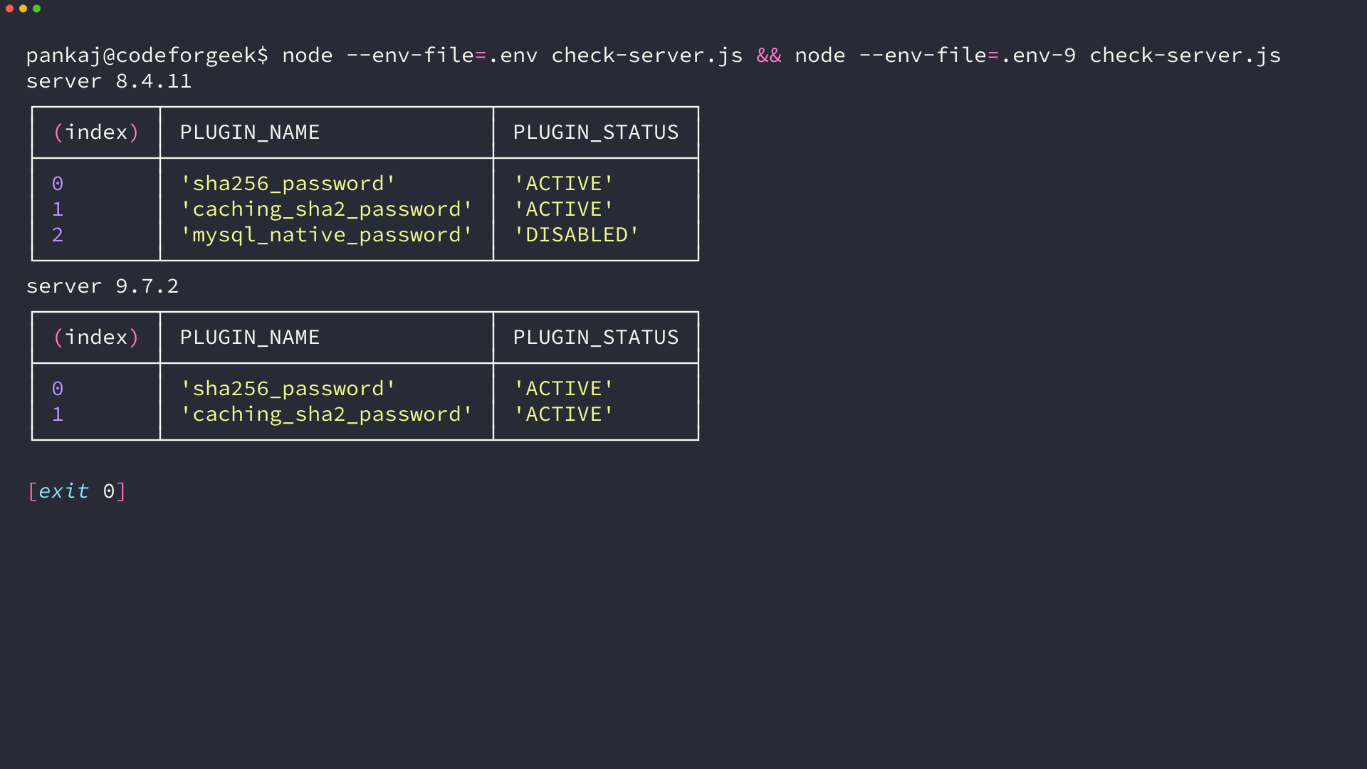 Terminal listing MySQL authentication plugins on servers 8.4.11 and 9.7.2