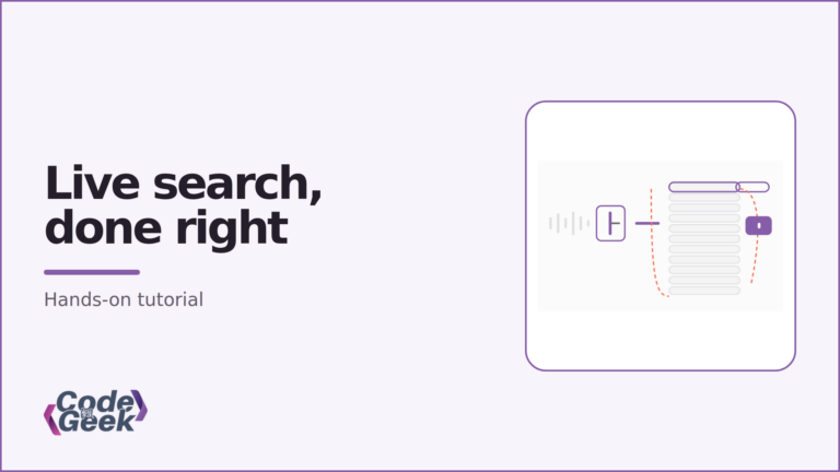 CodeForGeek featured banner: keystrokes collapsing into a single debounced request, one indexed seek into a row, and a coral dashed scan path across every row