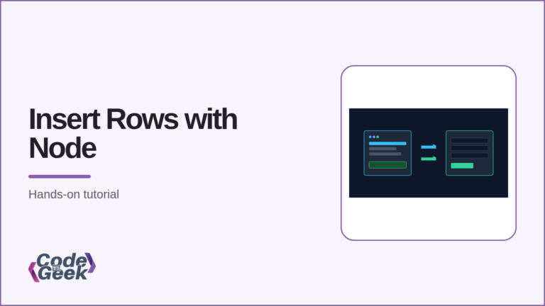 Node.js MySQL insert tutorial banner showing a form sending rows into a database table