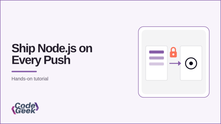 CodeForGeek featured banner showing a three-stage build machine reaching a deploy target through a key, titled Ship Node.js on Every Push
