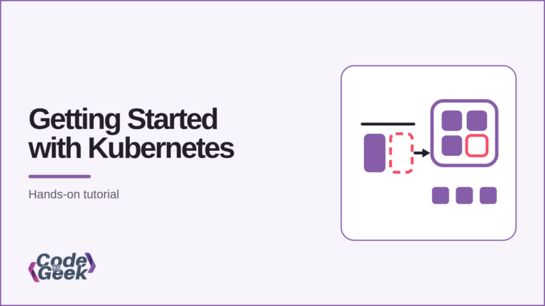 Featured banner for Getting Started with Kubernetes showing a two-slot CPU capacity check against a single node carrying pods and a scaled replica row