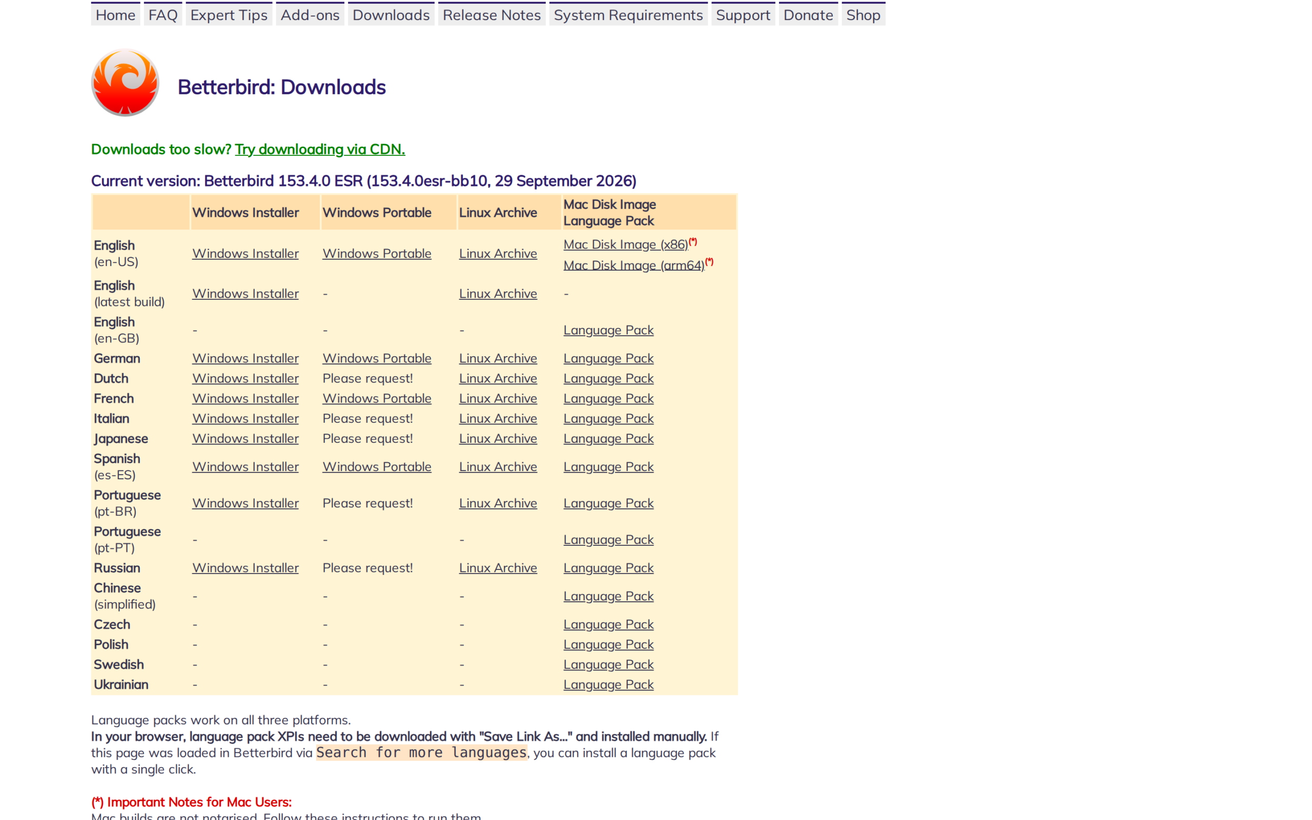 Betterbird Downloads webpage showing its Linux Archive options