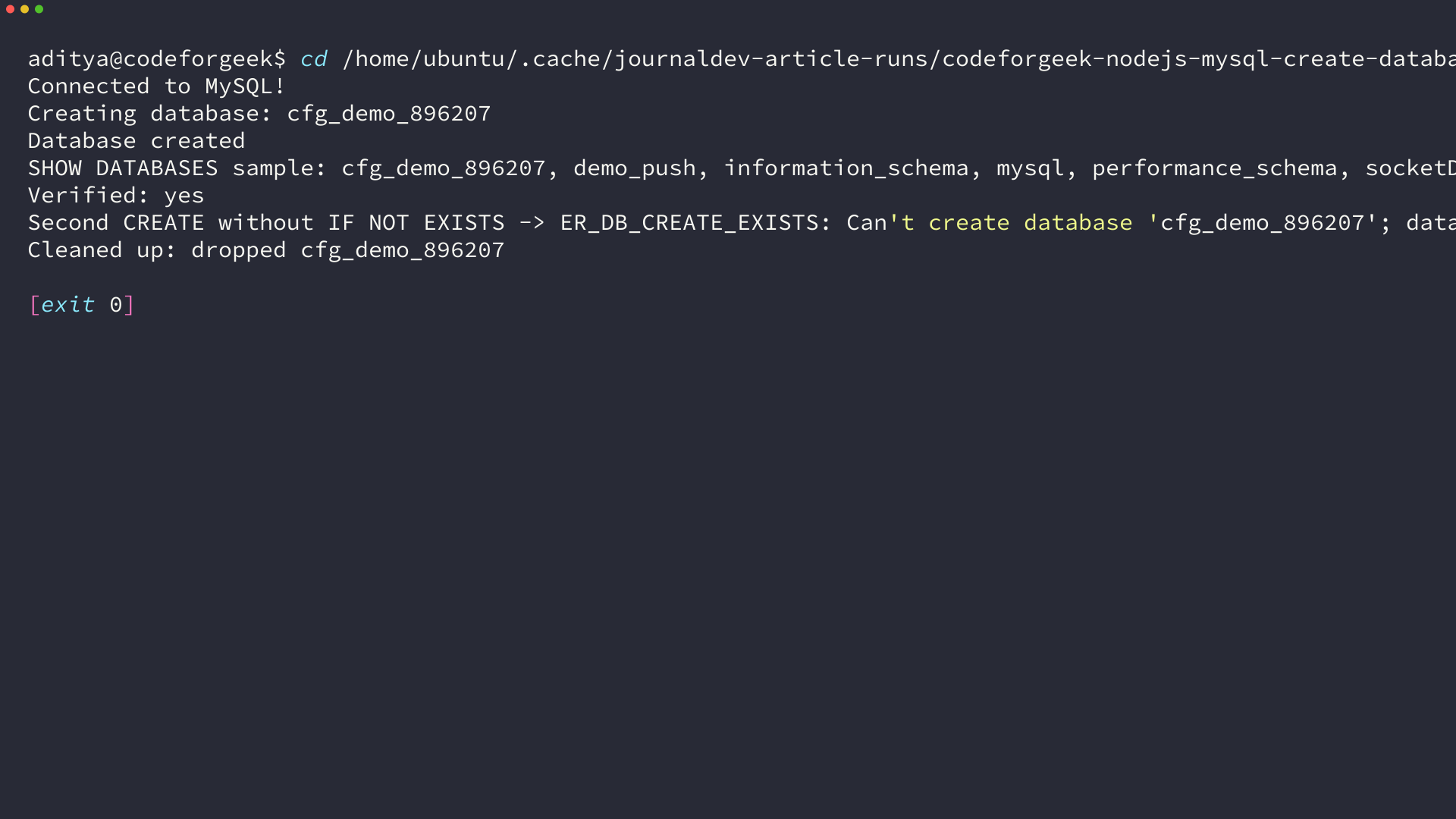 Callback CREATE DATABASE IF NOT EXISTS result and SHOW DATABASES verification