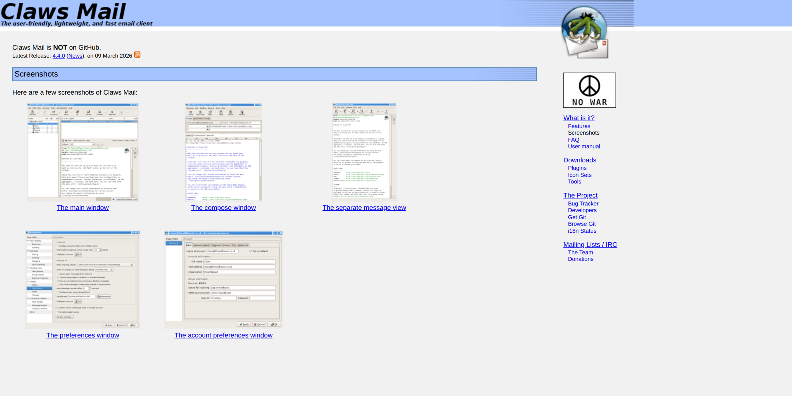 Claws Mail screenshots page showing mail and settings windows