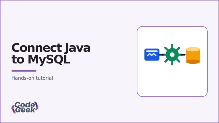 CodeForGeek banner showing Java application, JDBC driver, and MySQL database connection flow
