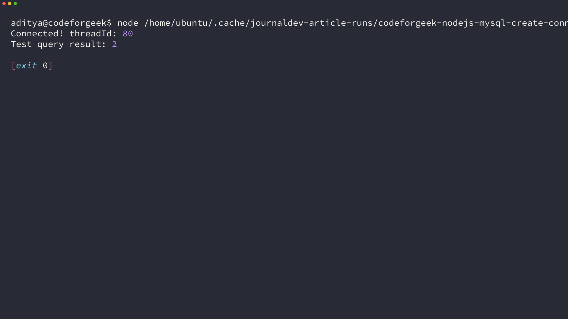 Terminal shows Connected and Test query result 2 for mysql2 callback
