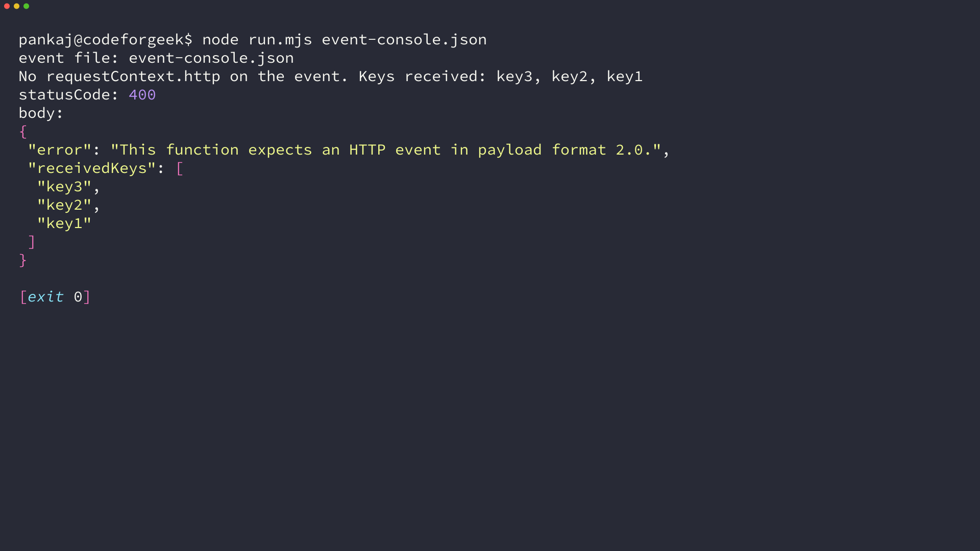 Terminal output showing the handler returning statusCode 400 for the console test event
