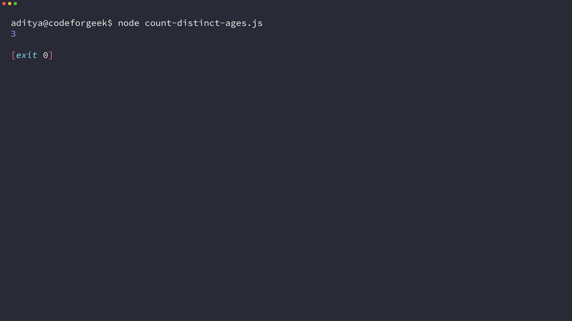 Terminal running node count-distinct-ages.js and printing 3