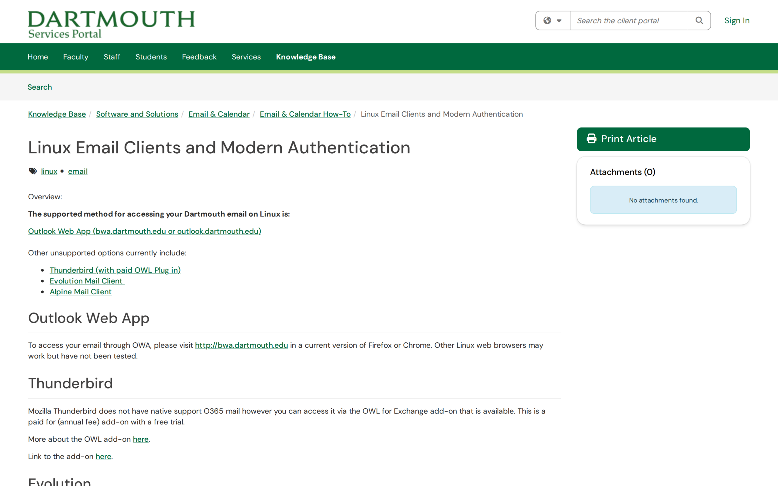 Dartmouth's Linux email support page for modern authentication