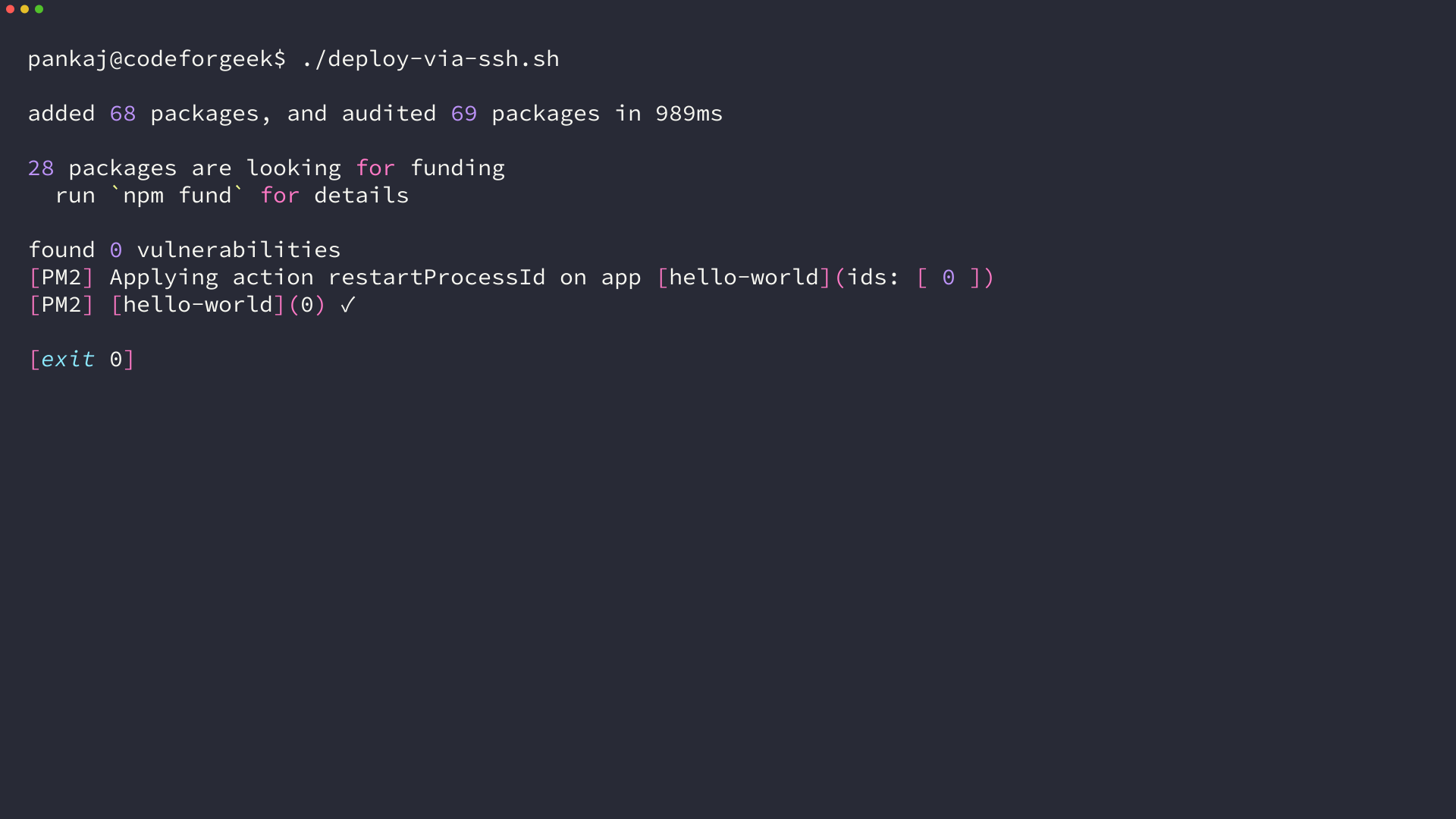 Terminal running the deploy script over SSH, installing production dependencies and restarting the hello-world process with pm2