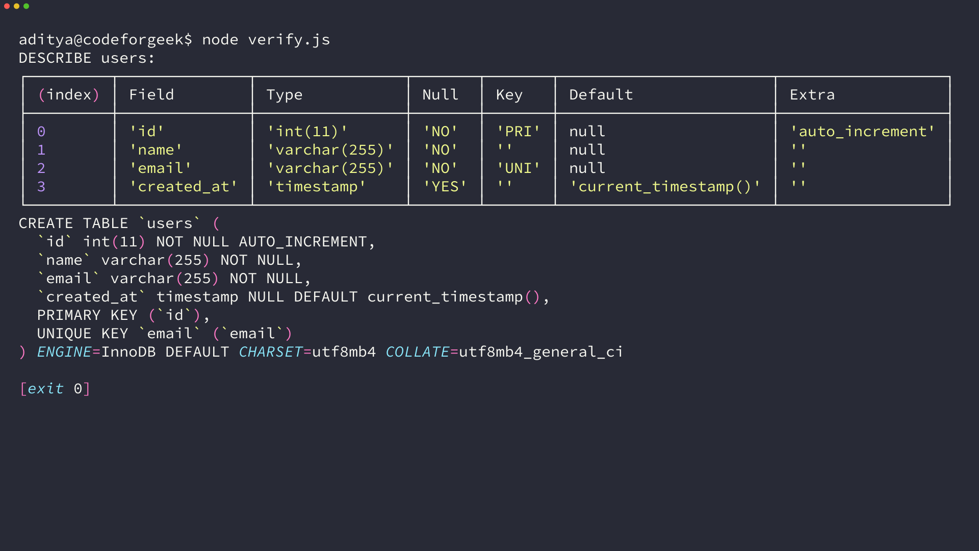 Terminal showing DESCRIBE users table with id, name, email, created_at and SHOW CREATE TABLE statement