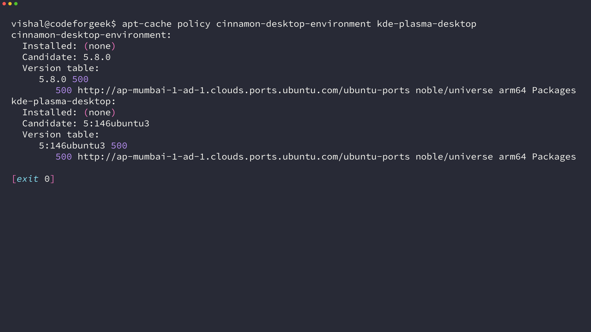Terminal output on Ubuntu 24.04 listing cinnamon-desktop-environment and kde-plasma-desktop as installable packages