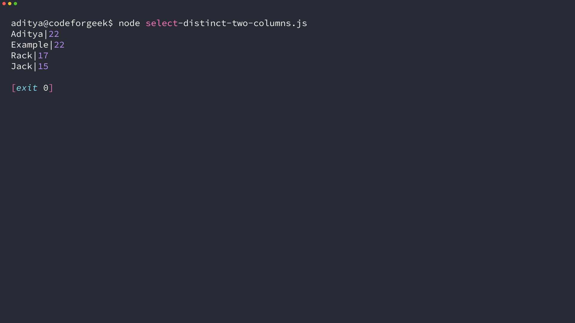 Terminal running node select-distinct-two-columns.js and printing four name and age rows