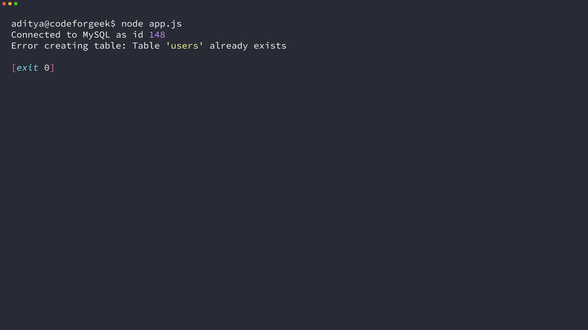 Terminal showing duplicate table error Table users already exists on second run
