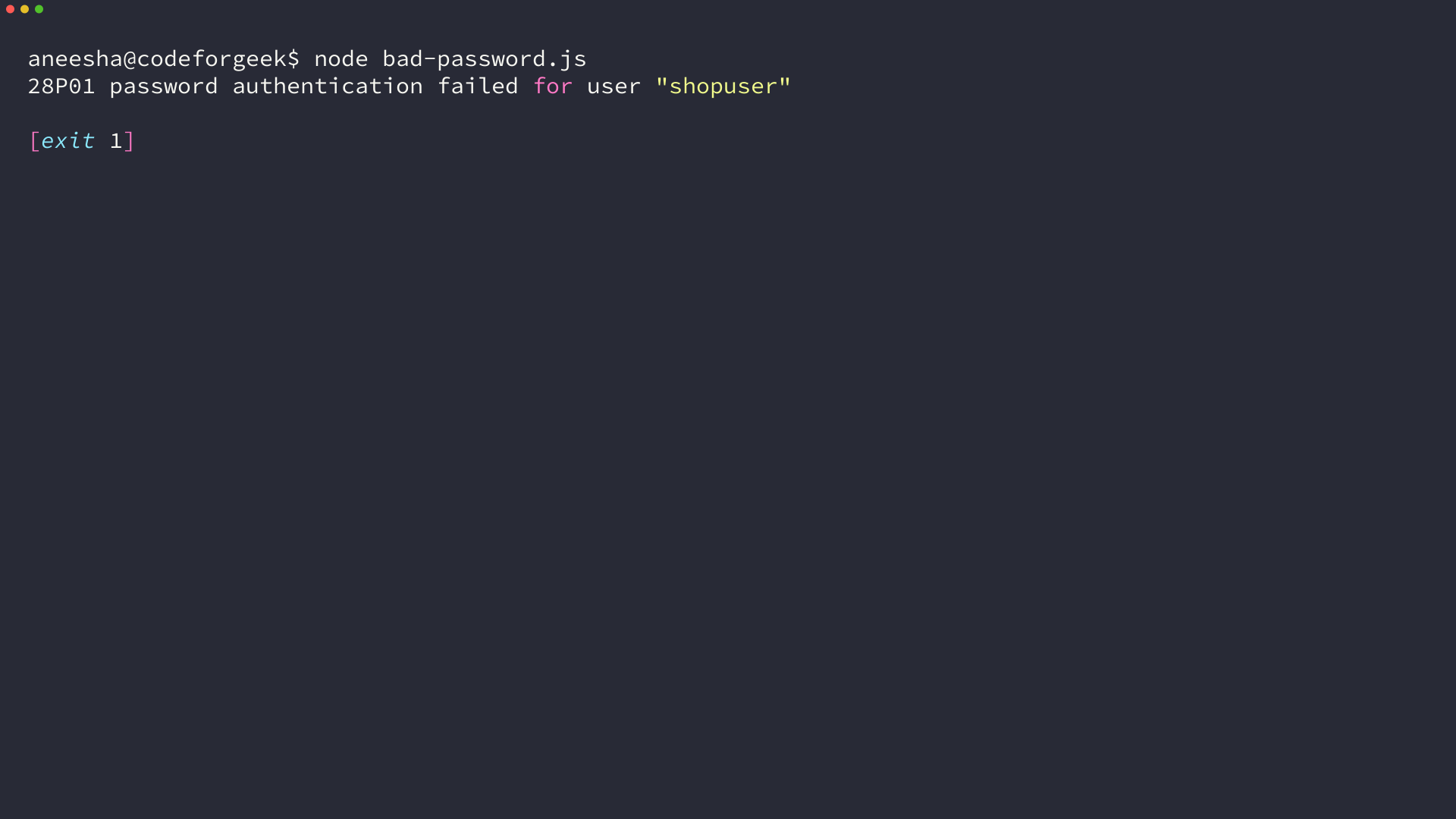 Terminal showing PostgreSQL error 28P01 password authentication failed for user shopuser