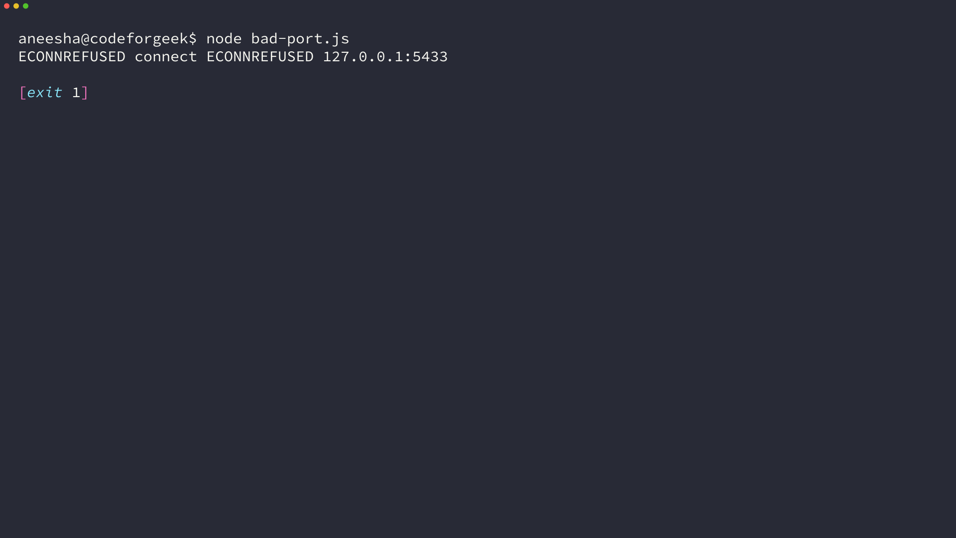 Terminal showing the ECONNREFUSED error raised when the connection string points at the wrong port