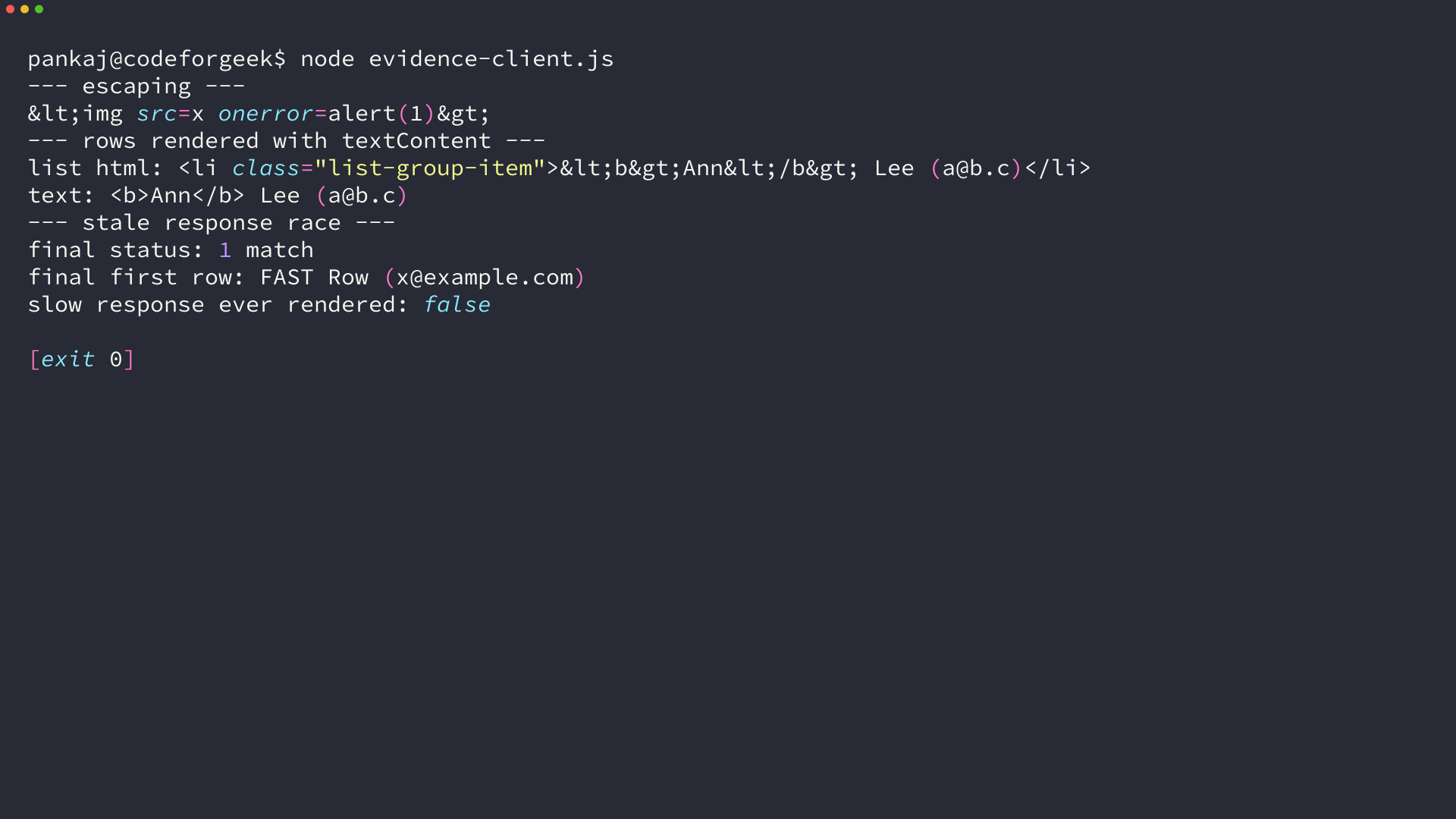 Terminal output showing HTML escaping, a list rendered with textContent, and a stale response race where the slow response is never rendered