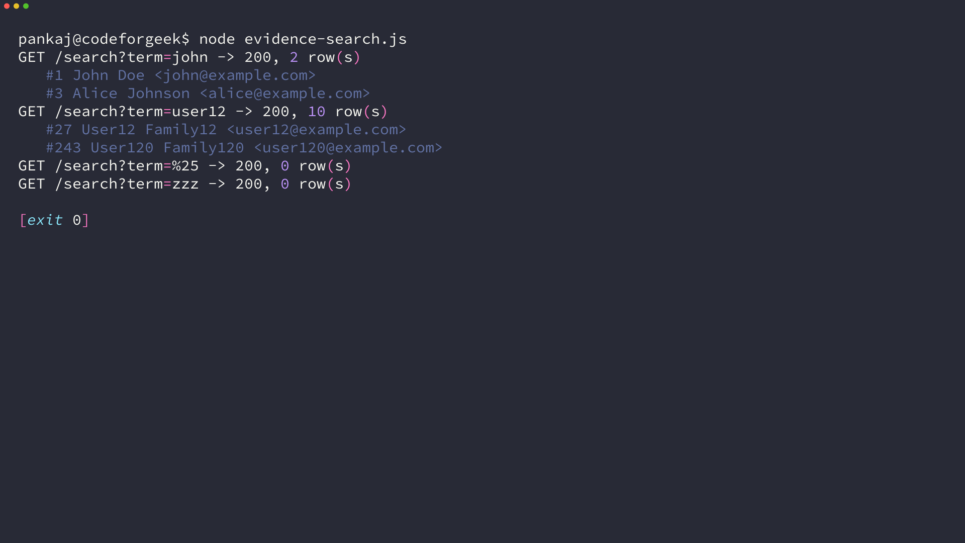 Terminal output showing GET /search requests for john and user12 returning 200 with two and ten rows, and a literal percent sign returning zero rows