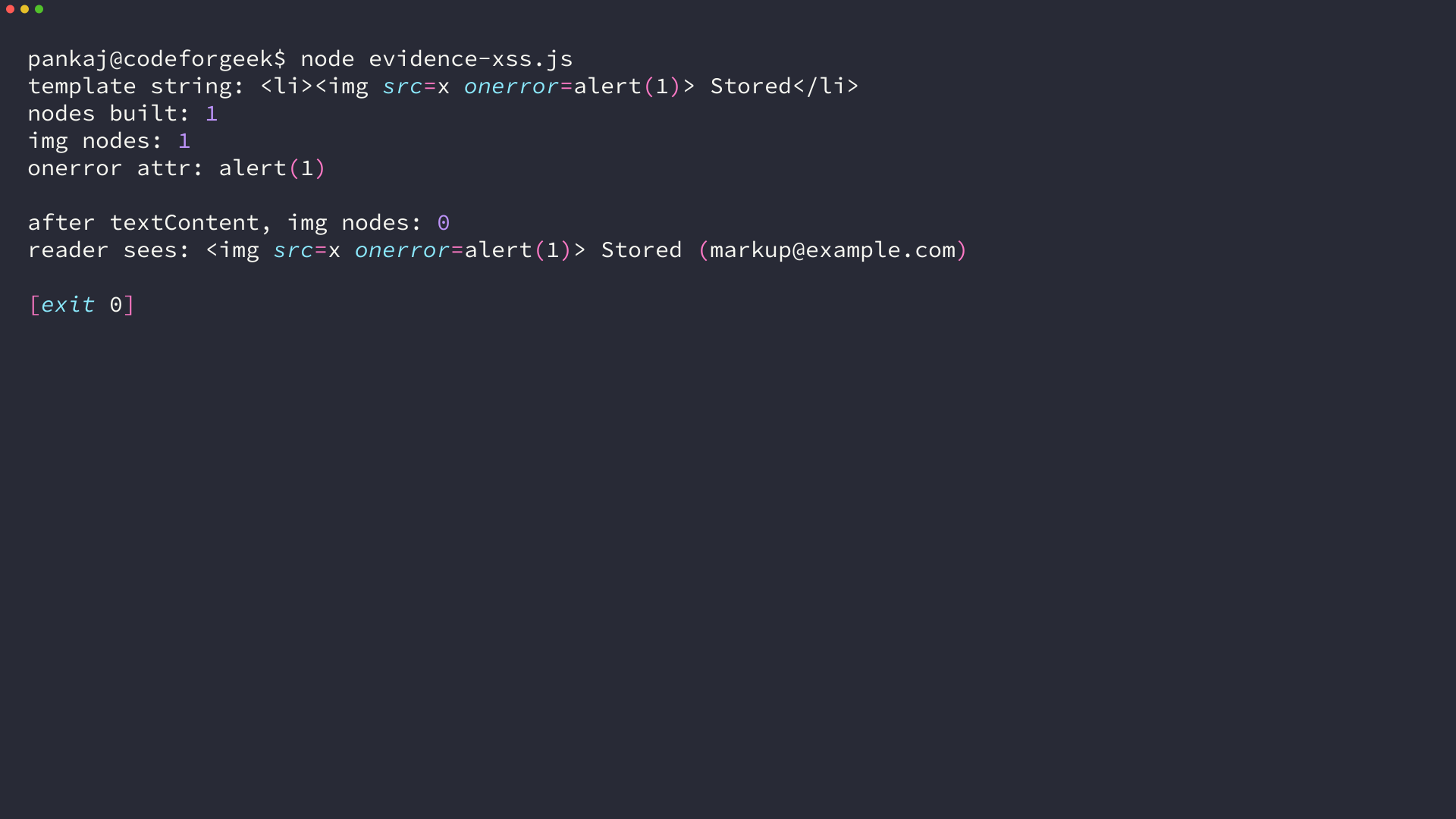 Terminal output from a DOM test showing one node created from a concatenated string and zero nodes after the same value is set with textContent