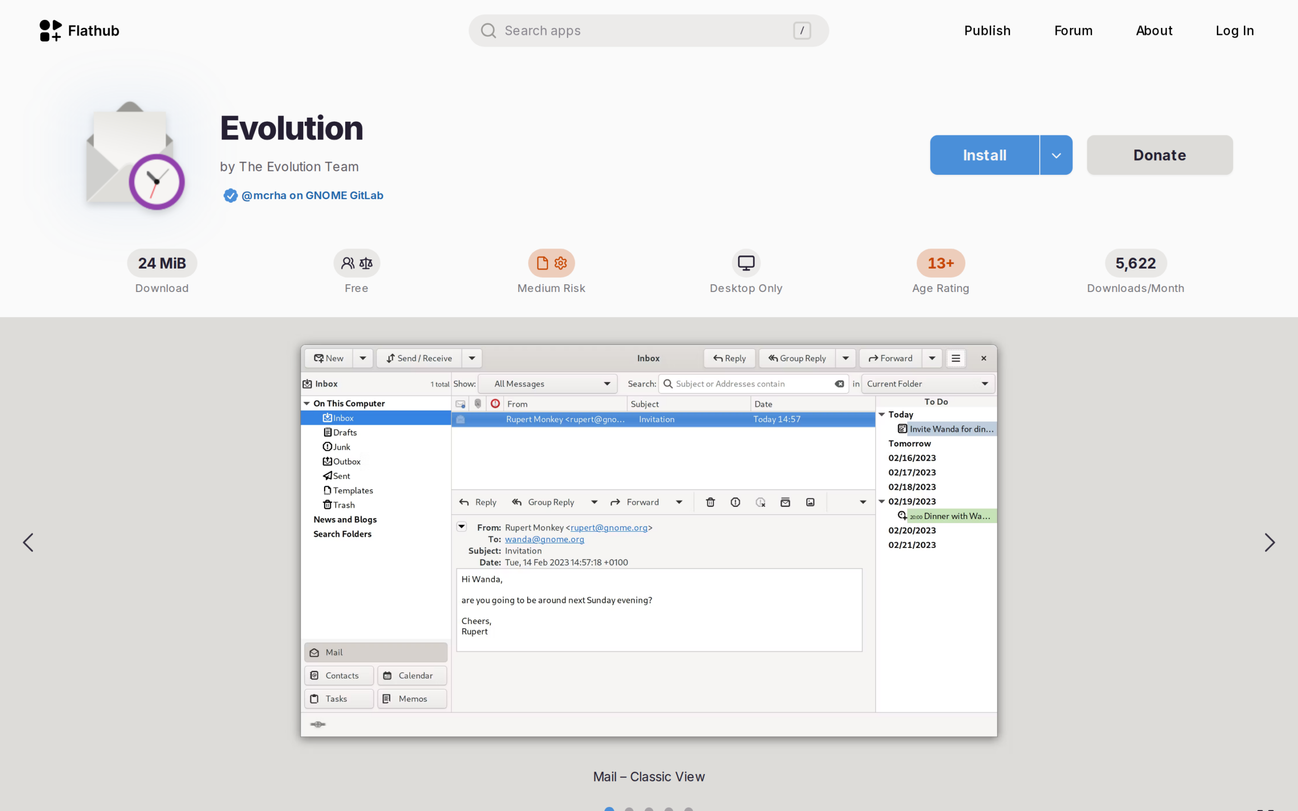 Evolution listing preview with inbox, message, and calendar pane