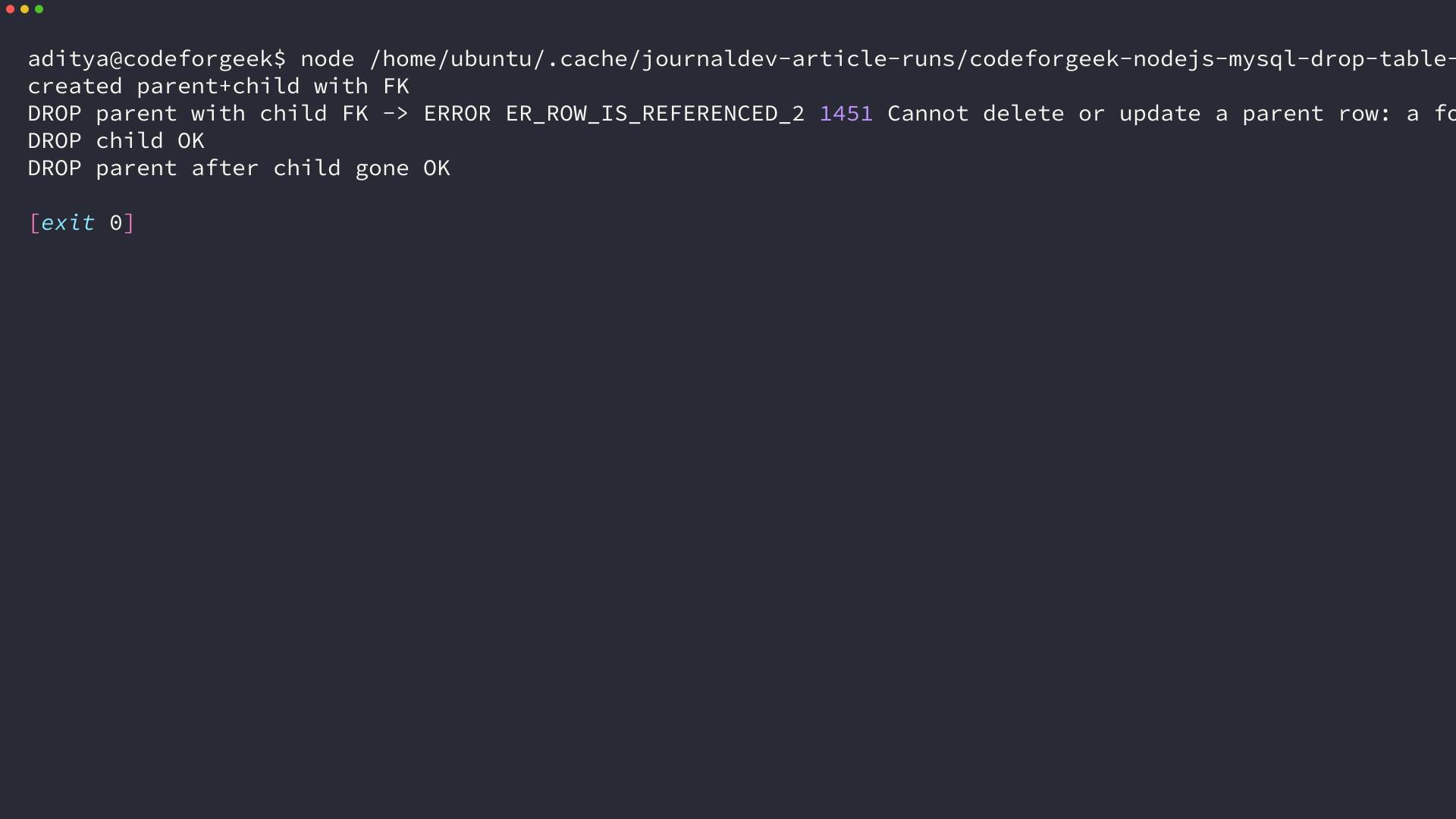 Foreign key blocks parent drop with ER_ROW_IS_REFERENCED_2 1451, then succeeds after child is removed